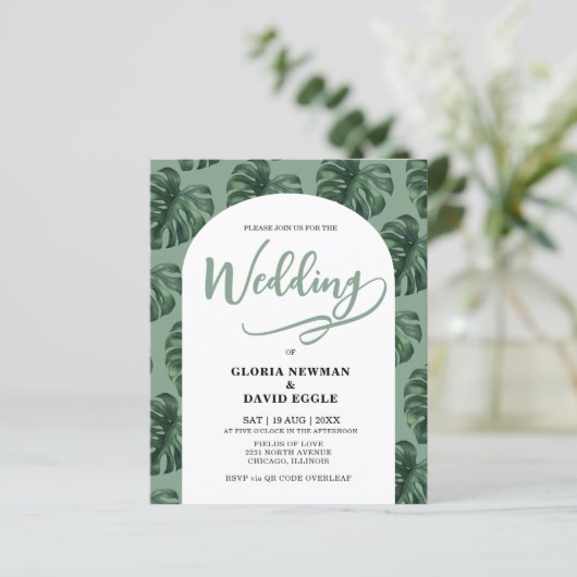 Budget Monstera Leaves Wedding QR Code Invitation (Stehend Vorderseite)
