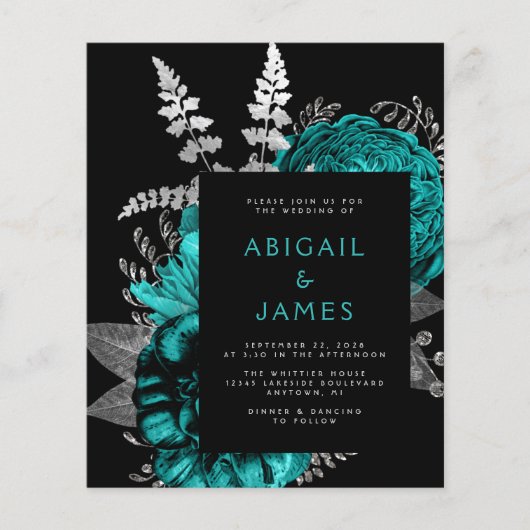 Budget Moody Floral Aquamarin Silver QR Code Hochz (Vorderseite)