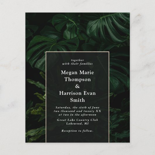 Budget Moody Tropical Monstera Hochzeit Einladung (Vorderseite)