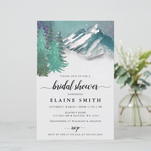Budget Mountains Pine Bridal Dusche Einladung (Stehend Vorderseite)