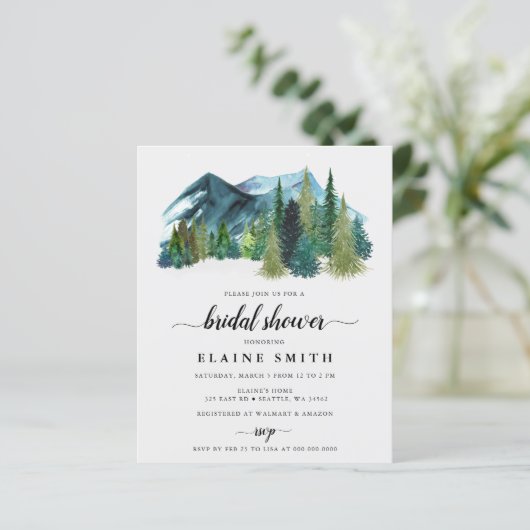 Budget Mountains Pine Bridal Dusche Einladung (Stehend Vorderseite)