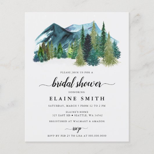 Budget Mountains Pine Bridal Dusche Einladung (Vorderseite)