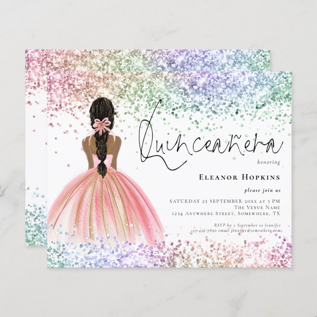 Budget Multicolor Glitzer Dark Quinceanera Einladu (Vorne/Hinten)