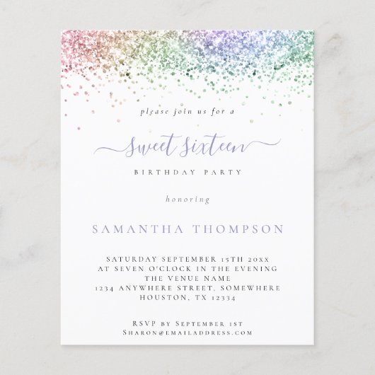 Budget Multicolor Glitzer Sweet 16 Einladung (Vorderseite)