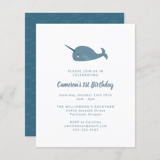 Budget Narwhal Ocean Blue 1. Geburtstag Einladung