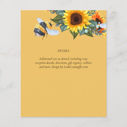 BUDGET Nature Boho Bees Sunflowers Wedding INVITE (Rückseite)