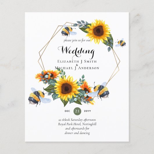 BUDGET Nature Boho Bees Sunflowers Wedding INVITE (Vorderseite)
