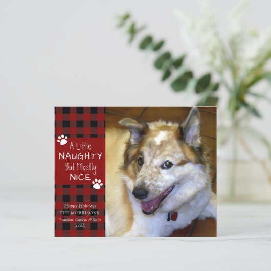 Budget Naughty oder Nice Dog Foto Grußkarte (Stehend Vorderseite)