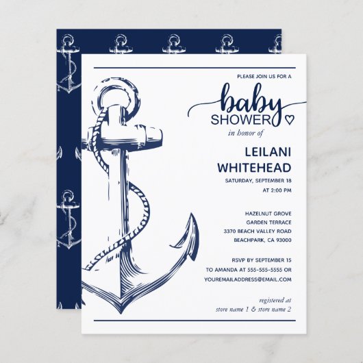 Budget Nautical Anchor Baby Boy Dusche Einladung (Vorne/Hinten)
