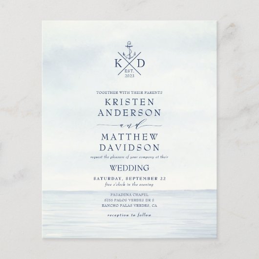 Budget Nautical Anchor Monogram Wedite Einladung (Vorderseite)