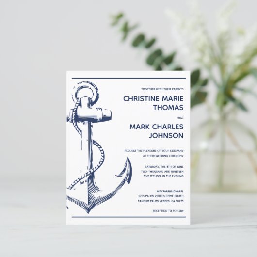 Budget Nautical Anchor White Wedding Einladung (Stehend Vorderseite)