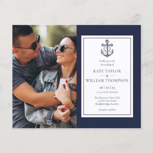 Budget Nautical Navy Blue Foto Hochzeit Einladung (Vorderseite)