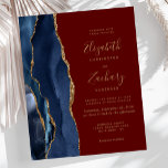 Budget Navy Blue Agate Burgundy Einladung Hochzeit<br><div class="desc">Die links Kulisse dieser eleganten,  modernen Hochzeitseinladung besticht durch eine marineblau-blaue Aquarellgrenze mit vergoldetem Imitat-Glitzer. Der anpassbare Text kombiniert goldfarbene Handschrift,  Copperplate und kursiv Schriftart auf bordeauxrotem Hintergrund. Auf der Rückseite ist ein passendes marineblau-goldfarbenes Design zu sehen.</div>