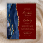Budget Navy Blue Agate Burgundy Einladung Hochzeit<br><div class="desc">Die links Kulisse dieser eleganten,  modernen Hochzeitseinladung besticht durch eine marineblau-blaue Aquarellgrenze mit vergoldetem Imitat-Glitzer. Der anpassbare Text kombiniert goldfarbene Handschrift,  Copperplate und kursiv Schriftart auf bordeauxrotem Hintergrund. Auf der Rückseite ist ein passendes marineblau-goldfarbenes Design zu sehen.</div>