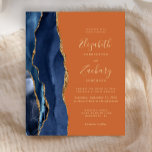Budget Navy Blue Agate Burnt Orange Wedite<br><div class="desc">Die links Kulisse dieser eleganten,  modernen Hochzeitseinladung besticht durch eine marineblau-blaue Aquarellgrenze mit vergoldetem Imitat-Glitzer. Der anpassbare Text kombiniert goldfarbene Handschrift,  Copperplate und kursiv Schriftart auf einem verbrannten orangen Hintergrund. Auf der Rückseite ist ein passendes marineblau-goldfarbenes Design zu sehen.</div>