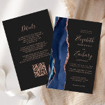 Budget Navy Blue Agate Dark QR Code Hochzeit<br><div class="desc">Die links Kulisse dieser eleganten,  modernen Hochzeitseinladung besticht durch eine marineblau-blaue Aquarellgrenze mit vergoldetem Imitat-Glitzer. Der anpassbare Text kombiniert goldfarbene Handschrift,  Copperplate und kursiv Schriftart auf einem schwarzen Hintergrund. Fügen Sie zusätzliche Details auf der Rückseite,  zusammen mit einem QR-Code,  um Ihren Gästen zu helfen,  besuchen Sie Ihre Hochzeitswebsite.</div>