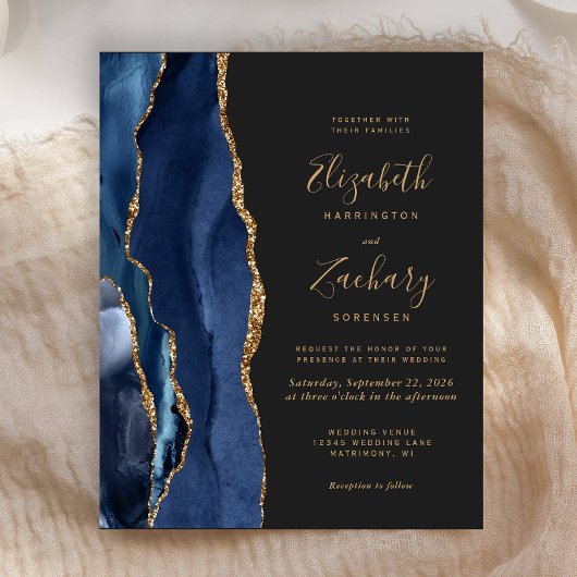 Budget Navy Blue Agate Dark Wedding Einladung