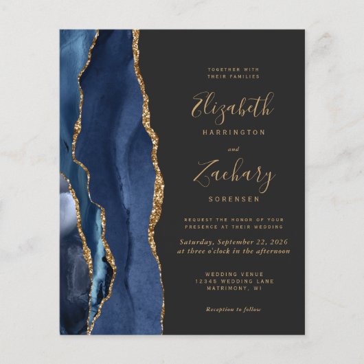 Budget Navy Blue Agate Dark Wedding Einladung (Vorderseite)