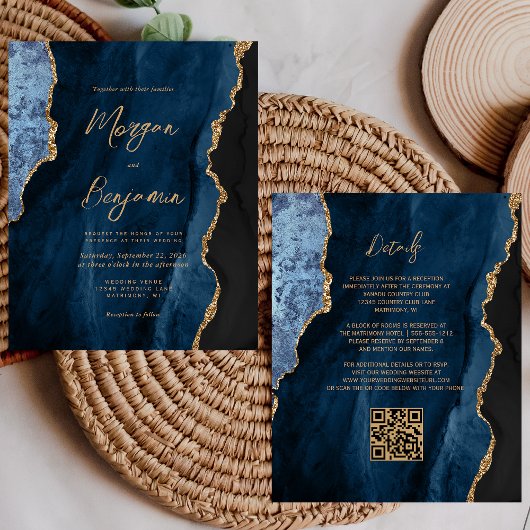 Budget Navy Blue Agate Script QR Code Hochzeit