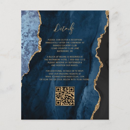 Budget Navy Blue Agate Script QR Code Hochzeit (Rückseite)