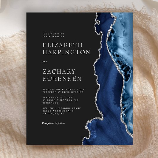 Budget Navy Blue Agate Silver Wedding Einladung