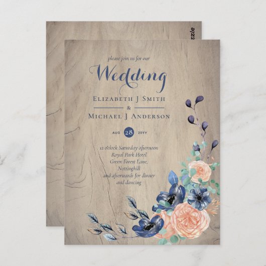 Budget Navy Blue and Coral Wedding Woodland Postkarte (Vorne/Hinten)