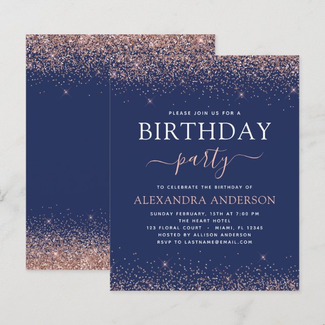 Budget Navy Blue Birthday Rose Gold Pink Glitzer (Vorne/Hinten)