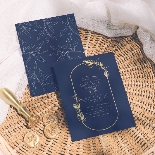 Budget Navy Blue Botanical Gold Frame Hochzeit
