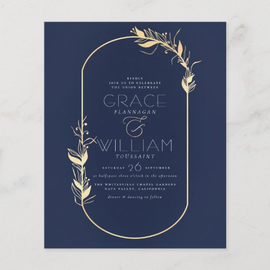 Budget Navy Blue Botanical Gold Frame Hochzeit (Vorderseite)