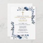 Budget Navy Blue Botanical Modern Confirmation Postkarte (Vorne/Hinten)