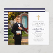 Budget Navy Blue Boy Erste Kommune Foto Einladung (Vorne/Hinten)