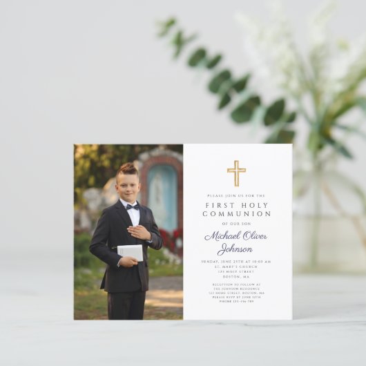 Budget Navy Blue Boy Erste Kommune Foto Einladung (Stehend Vorderseite)