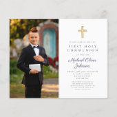 Budget Navy Blue Boy Erste Kommune Foto Einladung (Vorderseite)