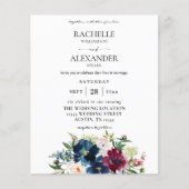 Budget Navy Blue, Burgund & White Floral Wedding Flyer (Vorne)