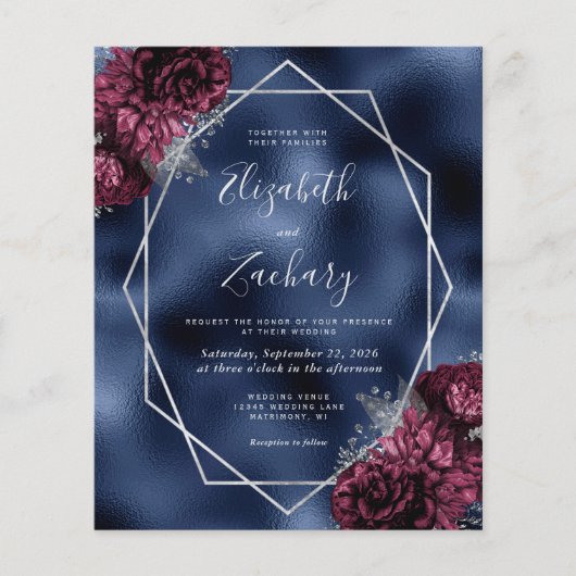 Budget Navy Blue Burgundy Silver Floral Wedding (Vorderseite)