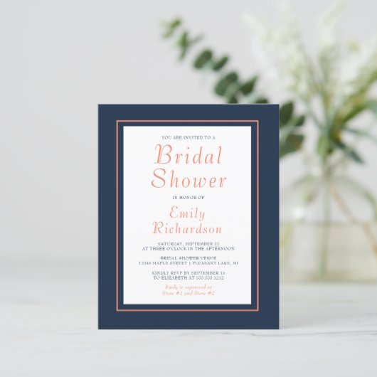 Budget Navy Blue Coral Bridal Dusche Einladung (Stehend Vorderseite)