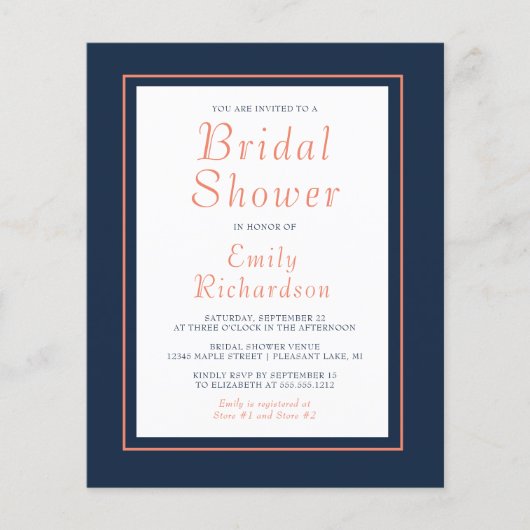 Budget Navy Blue Coral Bridal Dusche Einladung (Vorderseite)