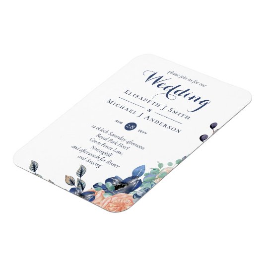 Budget Navy Blue Coral Floral Wedites Magnet (Linke Seite)