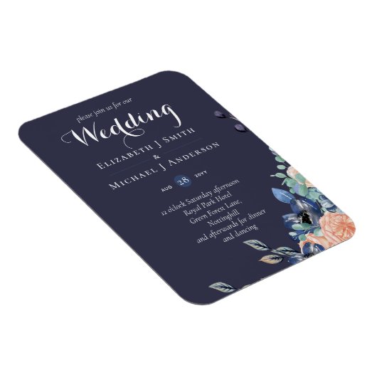 Budget Navy Blue Coral Floral Wedites Magnet (Rechte Seite)