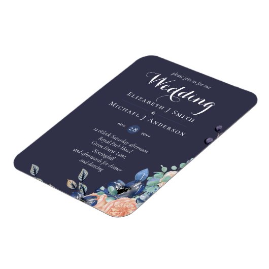 Budget Navy Blue Coral Floral Wedites Magnet (Linke Seite)