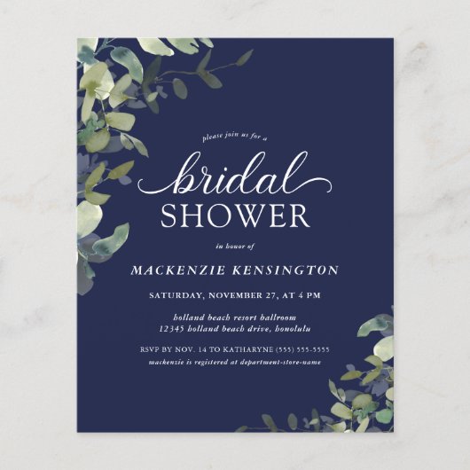 Budget Navy Blue Eucalyptus Brautparty (Vorderseite)