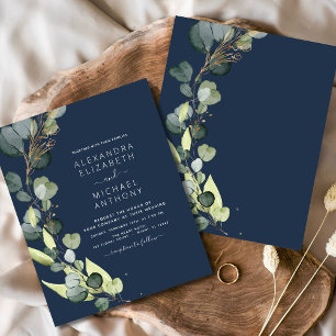 Budget Navy Blue Eucalyptus Wedding Einladungen