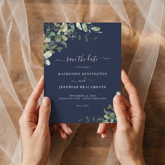 Budget Navy Blue Eucalyptus Wedding Save the Date
