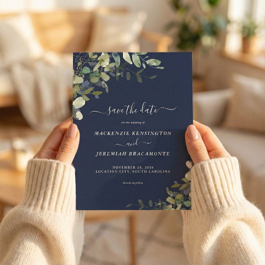 Budget Navy Blue Eucalyptus Wedding Save the Date