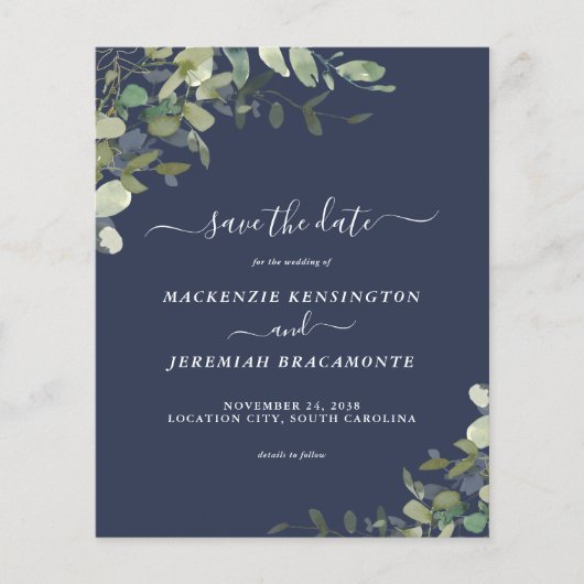 Budget Navy Blue Eucalyptus Wedding Save the Date (Vorderseite)