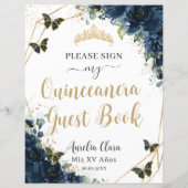 Budget Navy Blue Floral Quinceanera 16 Gästebuch (Rückseite)