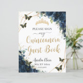 Budget Navy Blue Floral Quinceanera 16 Gästebuch (Stehend Vorderseite)