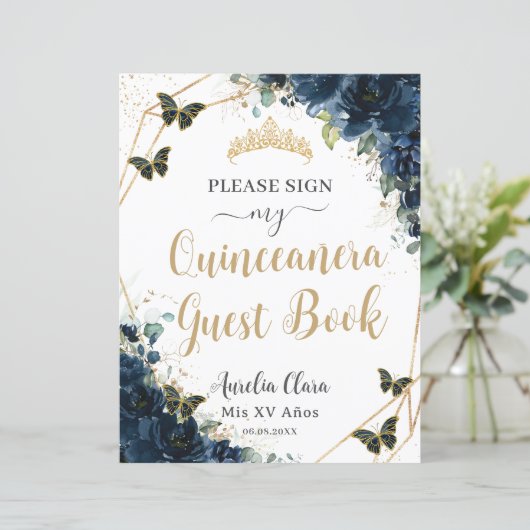 Budget Navy Blue Floral Quinceanera 16 Gästebuch (Stehend Vorderseite)