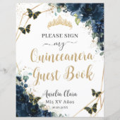 Budget Navy Blue Floral Quinceanera 16 Gästebuch (Vorderseite)