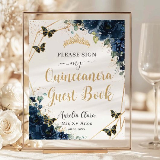 Budget Navy Blue Floral Quinceanera 16 Gästebuch